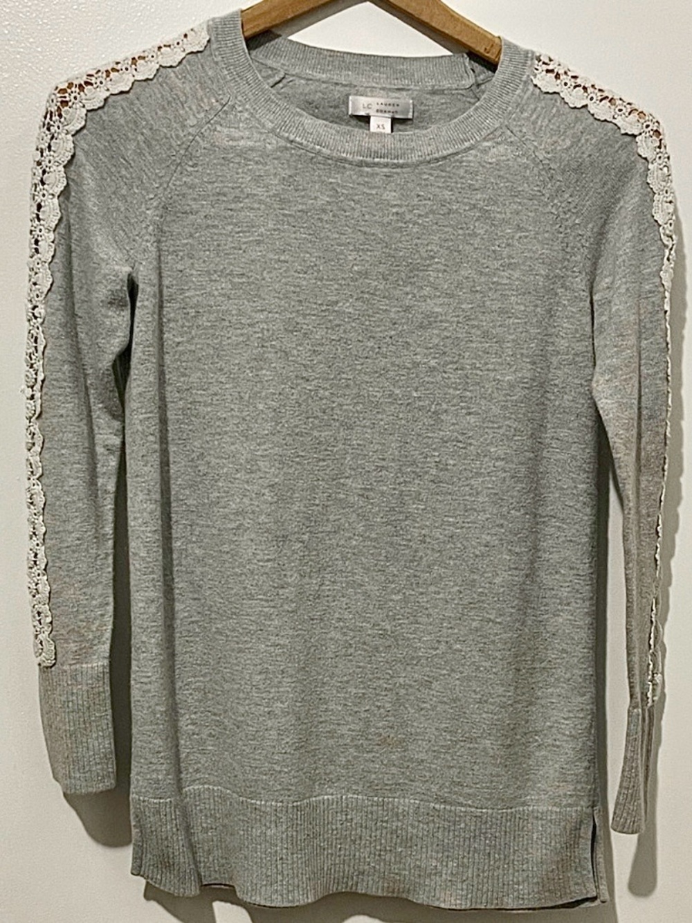 Grey Boho Knit Sweater Crochet Lace Sleeve Coquette Fairycore Dainty Soft XS